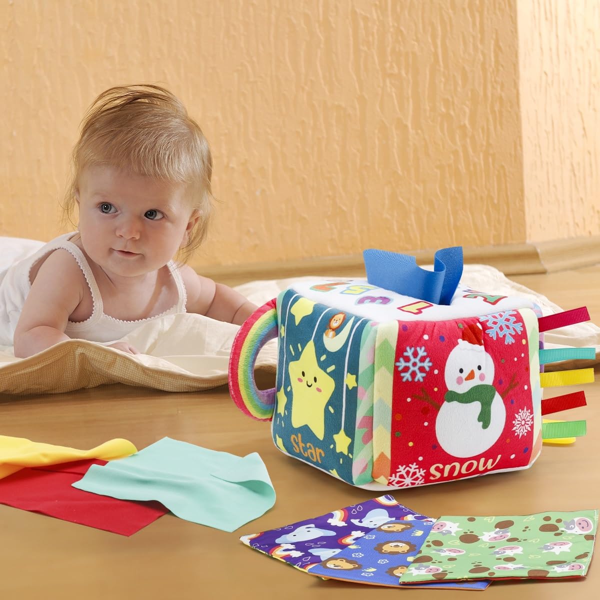 Vamotto Tissue Box Toy for Baby, Montessori Sensory Pull Toy with 12 Durable Cloth Scarves & Crinkle Paper for 6-12 Months Infants, Early Learning Educational Motor Skills Development Gift