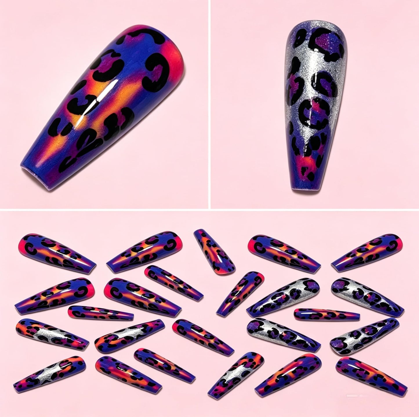 Chunmeng 24Pcs Long Ballet Press on Nails – Purple Halo Leopard Print, Reusable Salon Grade Fake Nails for Women