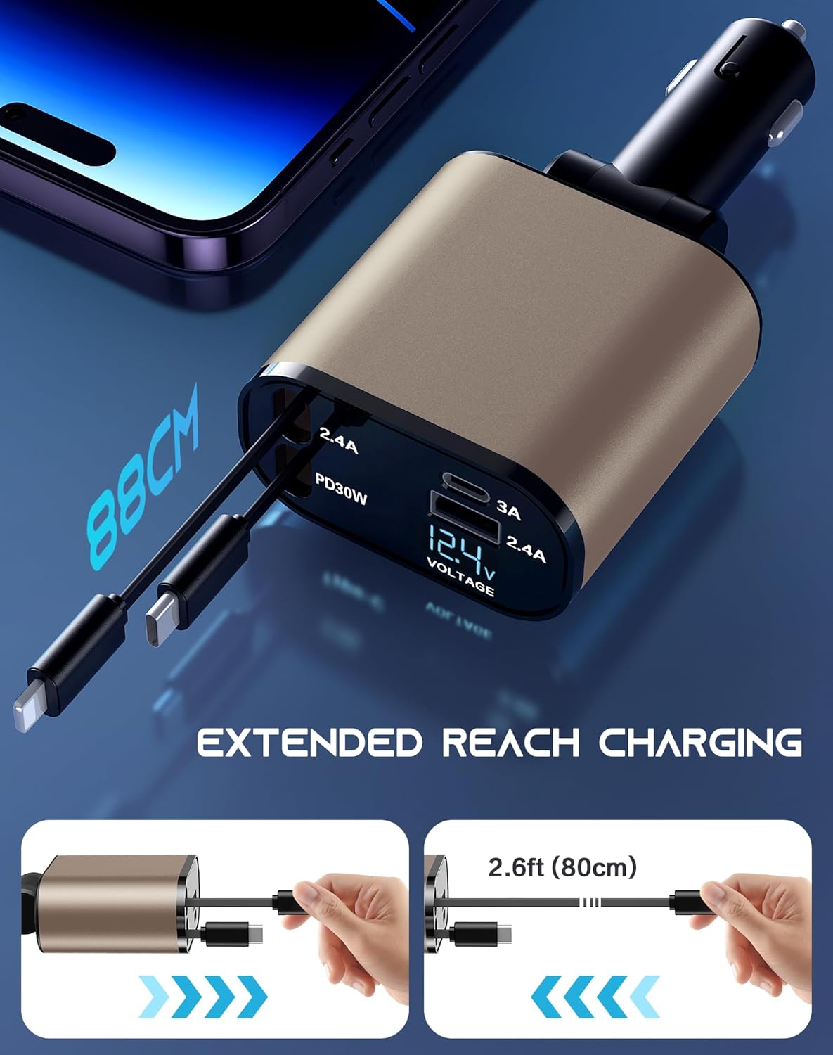Retractable Car Phone Charger, 4 in 1 Fast Charge Car Phone Charger with 2 Retractable Cables(2.6ft) and 2 USB Ports, Compatible with iPhone15/14/15 Pro Max,Samsung (Gold)