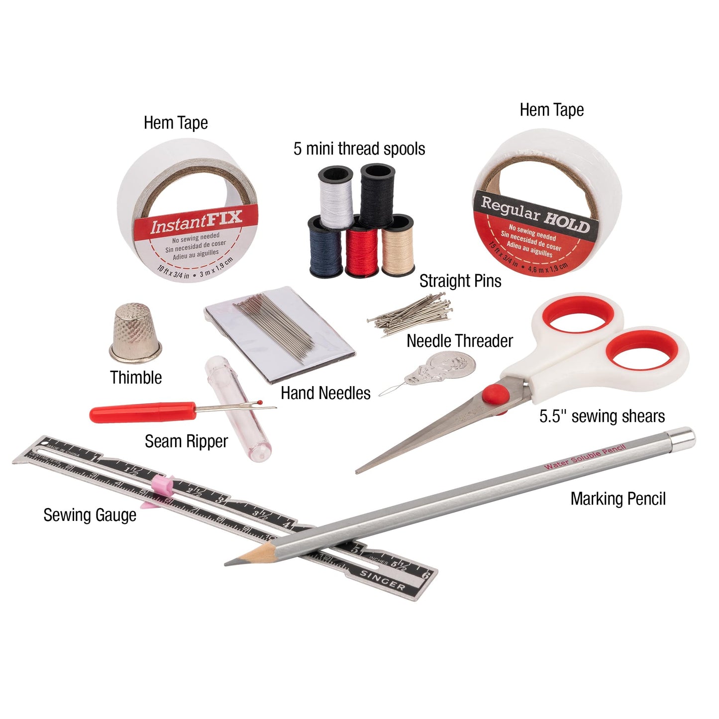 SINGER Hemming Kit with Storage Pouch – 92 piece Sew Kit with Hem Tape, Seam Ripper, Scissors, & Marking Pencil