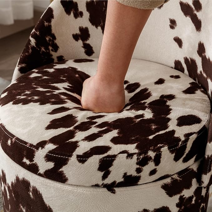 LukeAlon Linen Makeup Ottoman with Storage, Upholstered 360° Swivel Vanity Stool with Foldable Backrest Modern Cylindrical Footrest Stool for Living Room Bedroom, Cow Print
