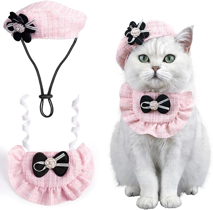 HOWWFALY Adorable Cat Princess Costume Blue Cat Beret with Little Heart & Lace Rabbit Bib Scarf Set, Adjustable Pet Costume for Halloween Christmas Birthday Parties