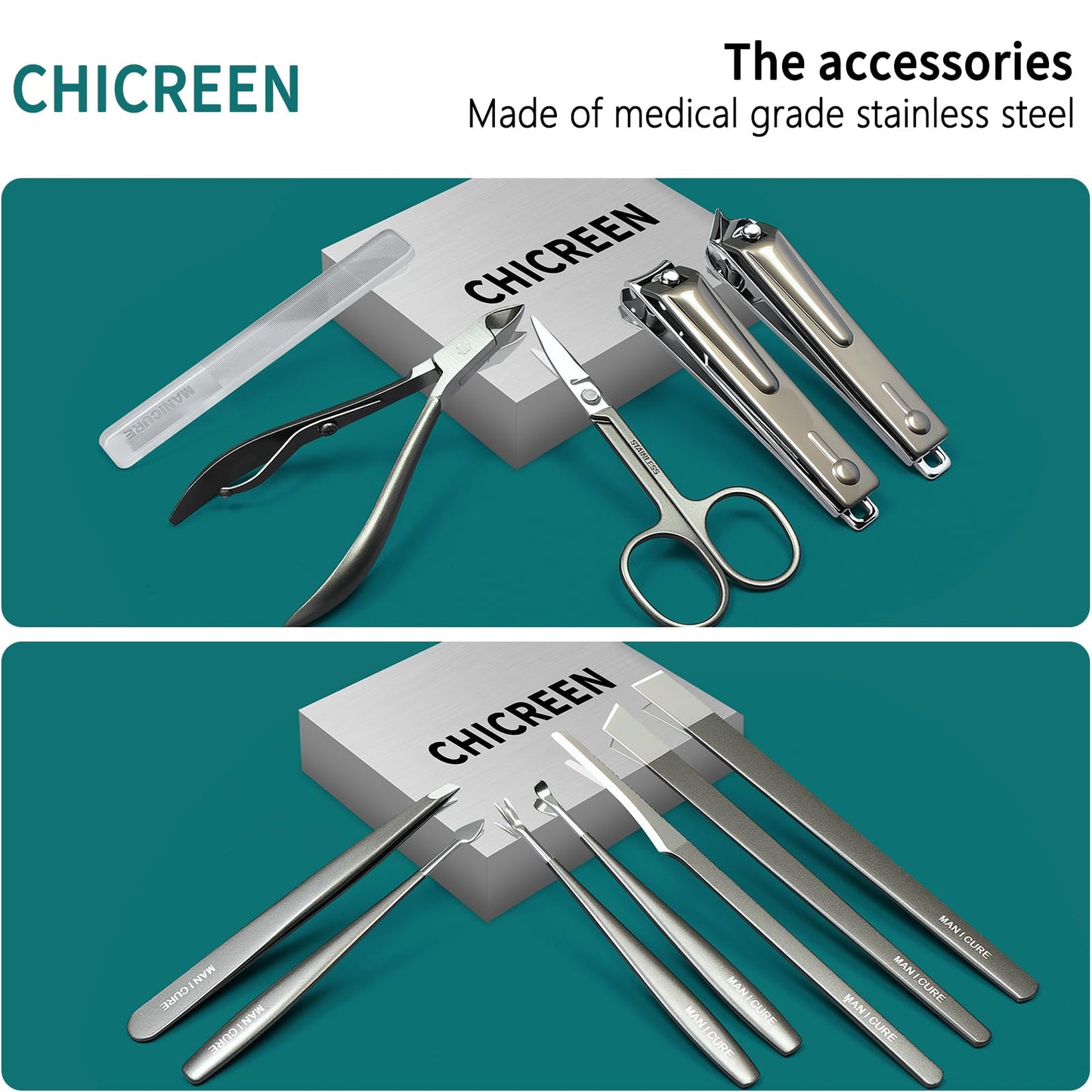 Manicure & Pedicure Set 12 in 1, Nail Clippers Set, Quality Fingernail& Toenail Clipper, Professional Nail Care Kit with Exquisite Leather Case for Men & Women (12 Pack)