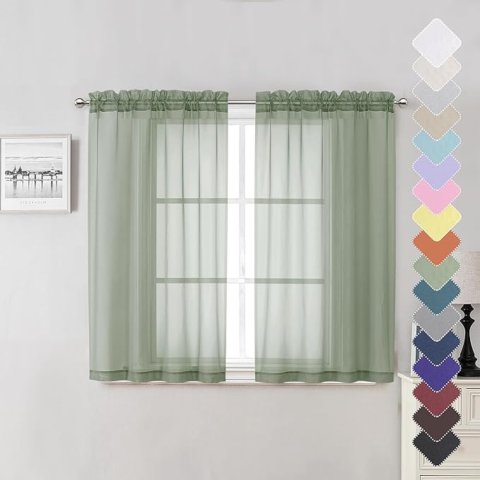 Lecloud Sage Green Sheer Curtains 45 Inch Long 2 Panels, Short Voile Drapes for Dinning Small Windows, Light Filtering Voile Curtain for Living Room Bedroom Bathroom, Dual Rod Pocket, 40" Wx45 L