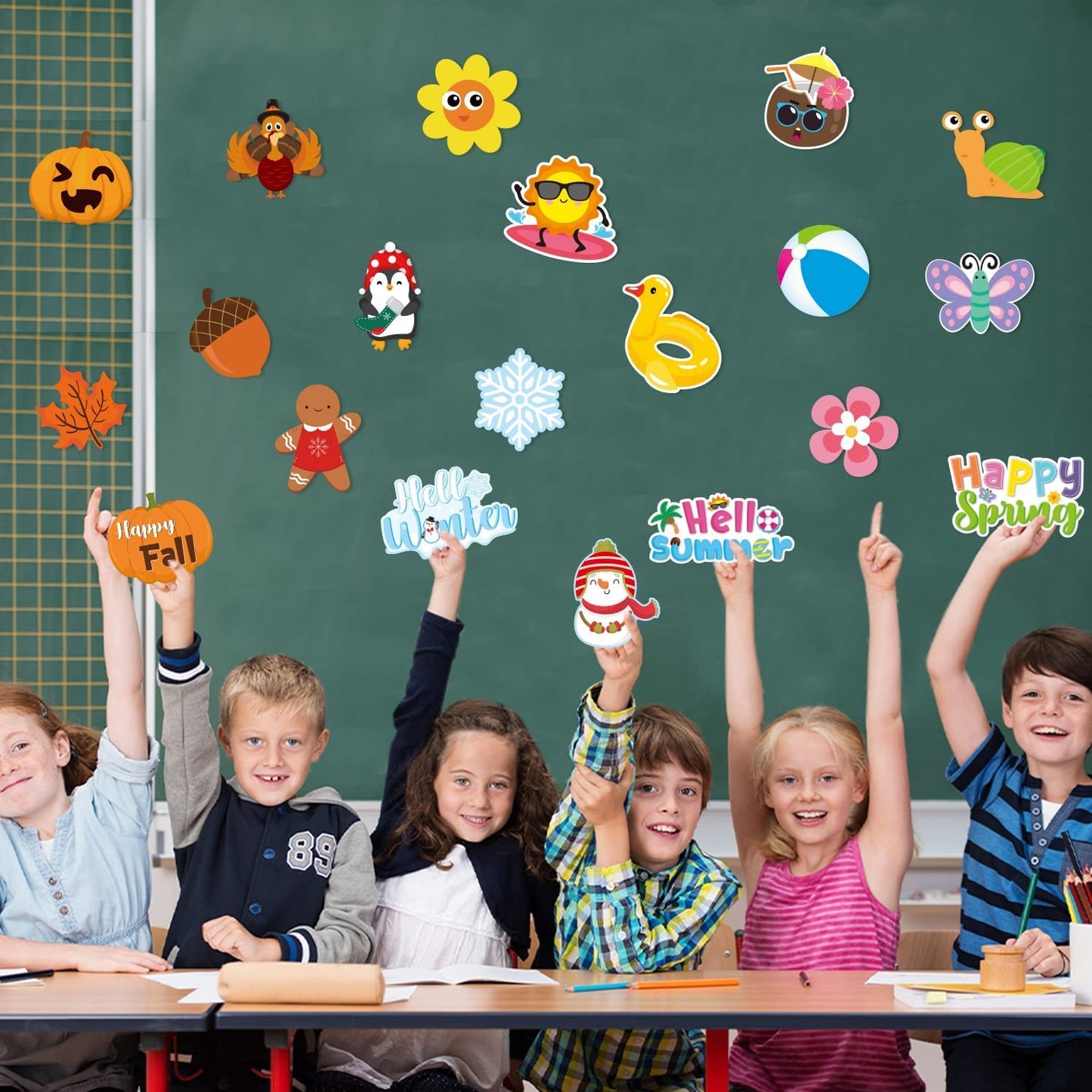 Haooryx Spring Summer Fall Winter Classroom Cutouts Bulletin Board Set - 120Pcs Seasonal Classroom Decoration Paper Cut-Outs Blackboard Border Trim for School Classroom Whiteboard Window Wall Decor