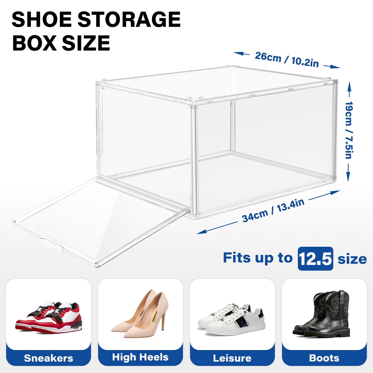 EZJOB 2 Pack Drop Front Shoe Boxes Acrylic Box Sneaker Case Size 12, Transparent Display Cases for Sneaker Collections, Baseball Caps, Hat Organizer Dust-free Shoe Cubbies Stackable Sneaker Boxes