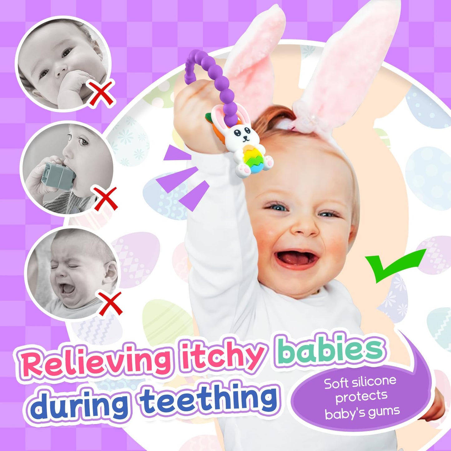 Teething Toys for Babies 3-6 Months, Tinabless Baby Easter Teether Silicone Chew Toys Easter Basket Stuffers for Baby 6-12 Months Infant Teething Toys Easter Gifts Boys Grils Bunny Carrot (Purple)