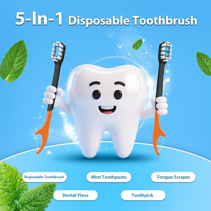 70Pack Disposable Toothbrush with Pre-Pasted Toothpaste 5-in-1 Mini Travel Toothbrush Deep Clean with Toothpick, Flosser, Tongue Scraper for Superior Oral Hygiene, Individually Wrapped