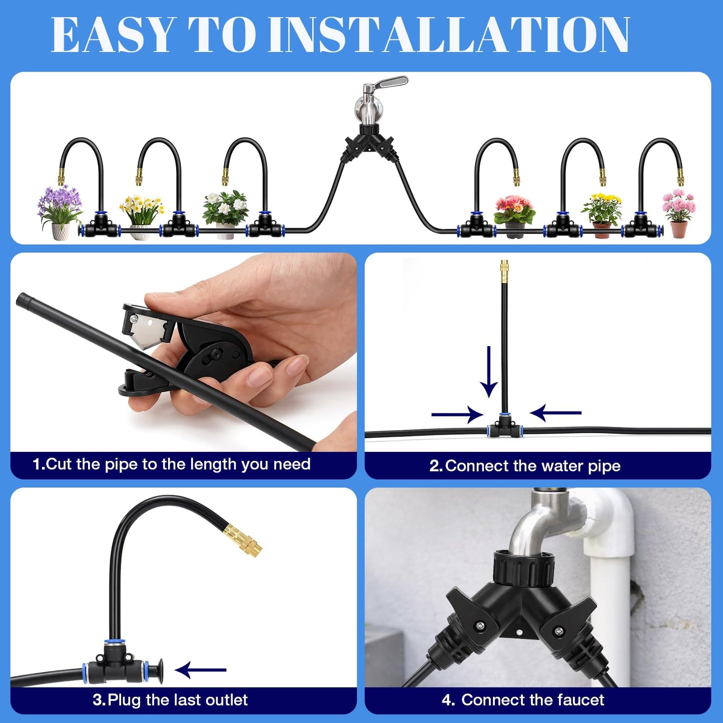 60FT Drip Irrigation Kit, 6mm Hose with Dual Outlet Splitter with Independent Valves & 15 360° Adjustable Brass Nozzles & 18 Snap-On Tees, DIY Automatic Watering for Greenhouse, Raised Beds, Garden