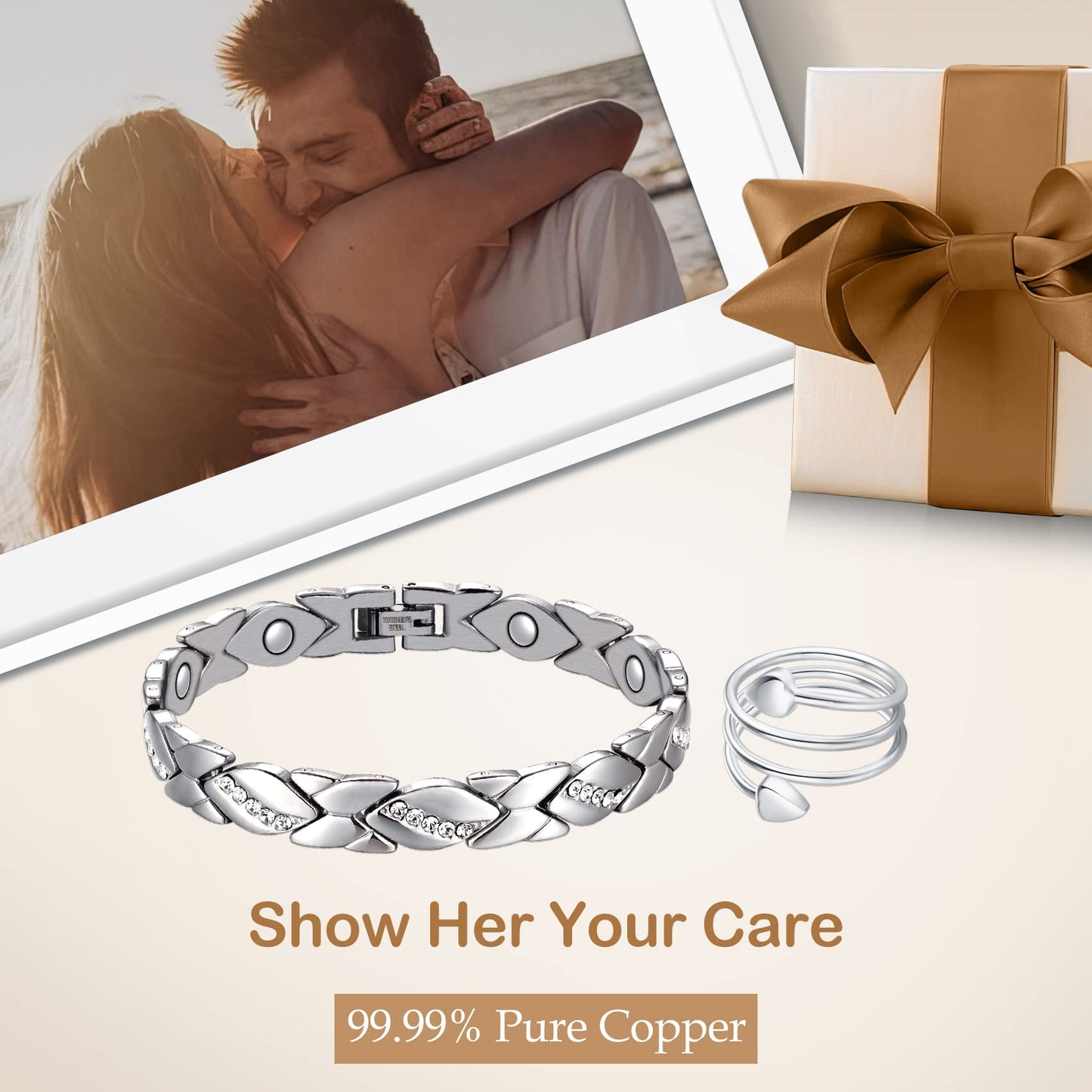 Feraco Copper Bracelet for Women 99.99% Solid Copper Magnetic Bracelets, Unique X Shape Links, Magnetic Field Therapy Jewelry Gifts (Silver X with Ring)