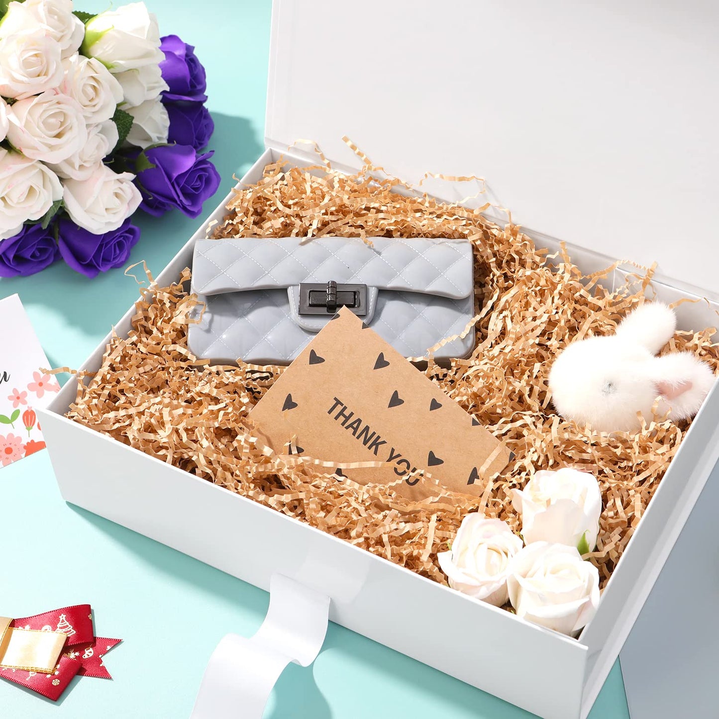 GREEN BEAN Large Gift Box with Lid for Presents 13x9.7x3.4 Inches, White Magnetic Gift Box with Ribbon, Bridesmaid Proposal Box, Luxury Gifts Box (Glossy White)