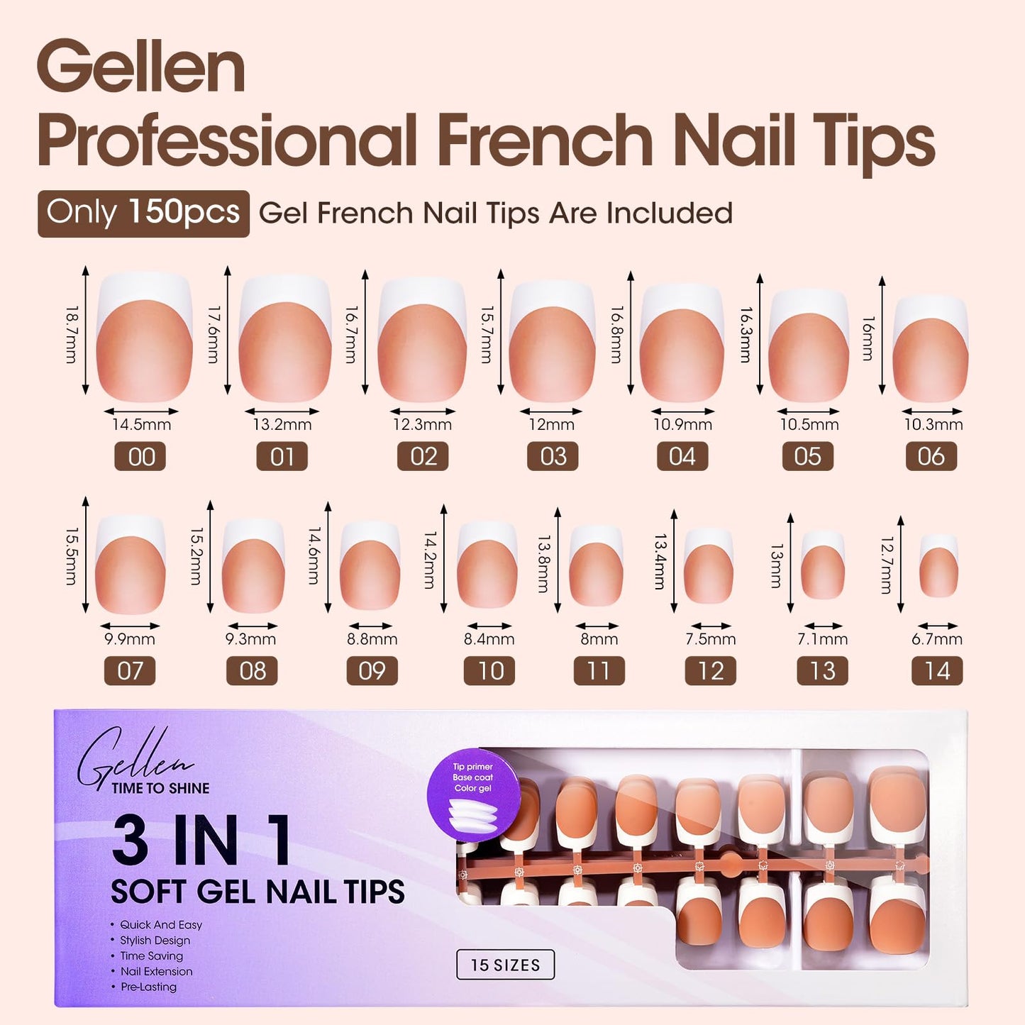 Gellen French Soft Gel Nail Tips - 150 pcs White French Tip Short Press on Nails Brown Square Shape, 3 in 1 Pre-french Gel Nail Tips 15 Sizes, Need Curing Under U V Light