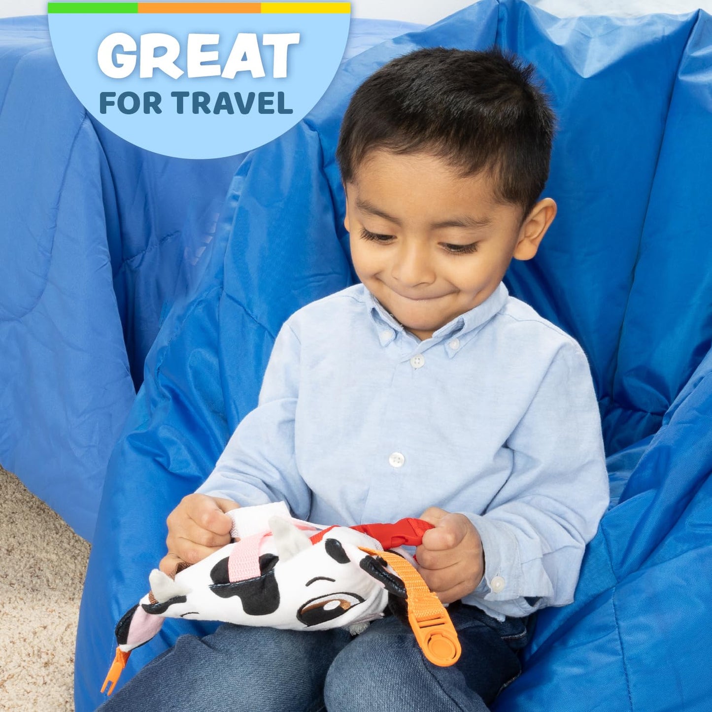 Buckle Toys - Bessie Cow - Learning Activity Toddler Plane Travel Essential Toy - Develop Motor Skills and Problem Solving