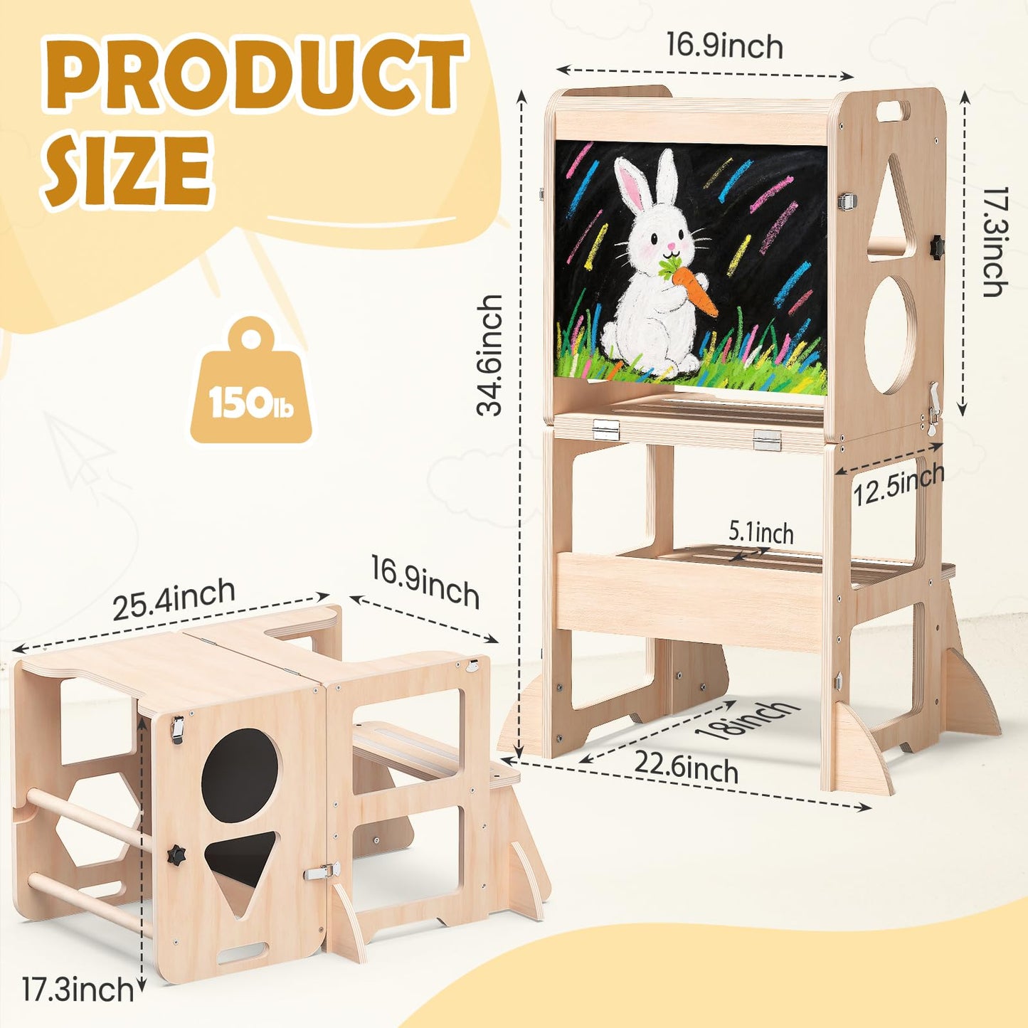 Woodure 4-in-1 Toddler Kitchen Step Stool, Foldable Learning Standing Tower with Blackboard, Wooden Kitchen Stool Helper for Kids, 1-3 Year Old Boy Girl Gifts