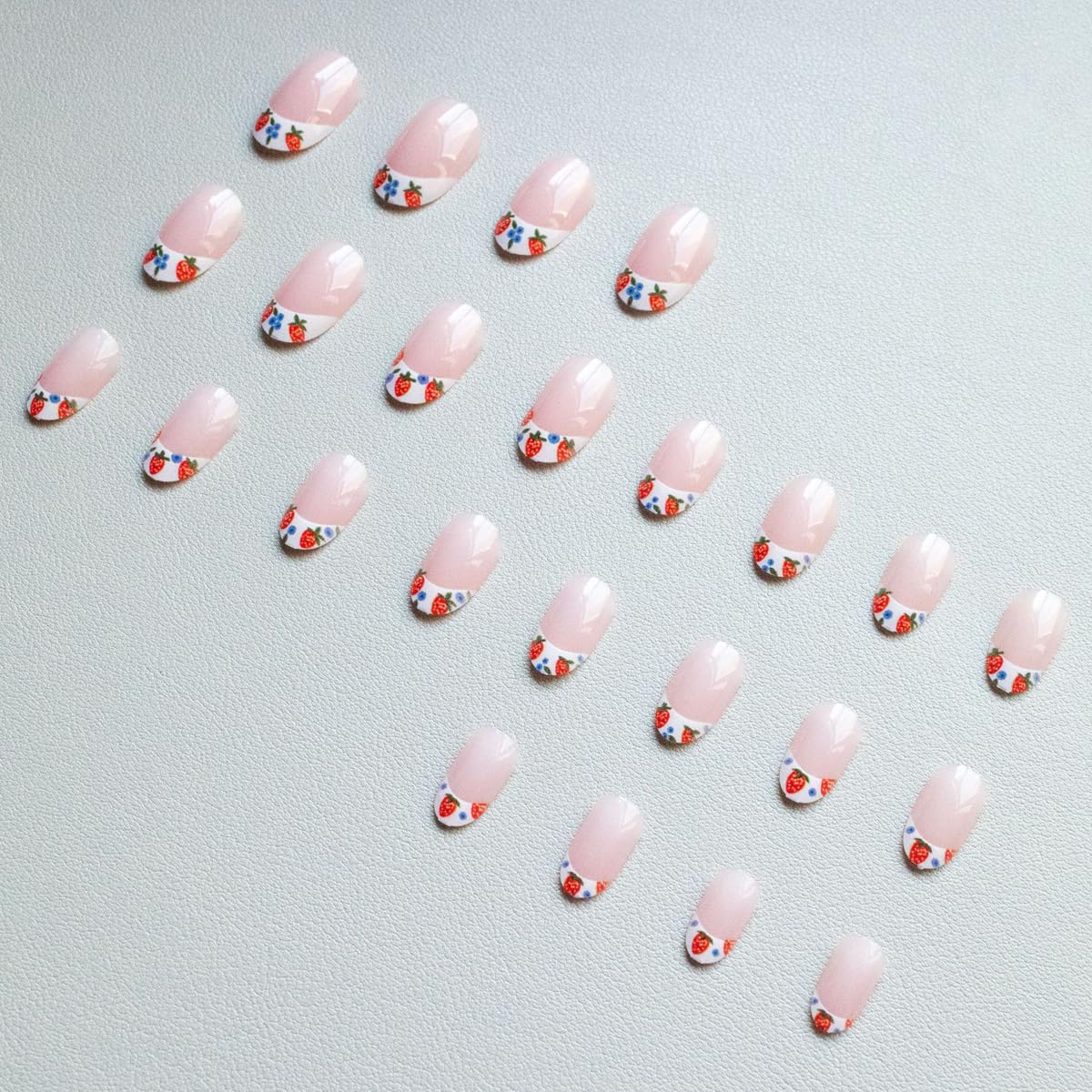 French Tip Press on Nails Medium Oval Fake Nails Spring Nails Press ons with Cute Strawberry | Blueberry Design,Reusable Artificial Nail Full Cover Stick on Nails for Women Manicure 24Pcs