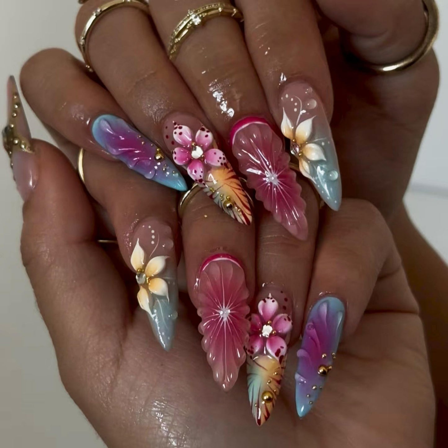Long Press on Nails Almond Ombre Flowers Stick on Nail for Women 24pcs
