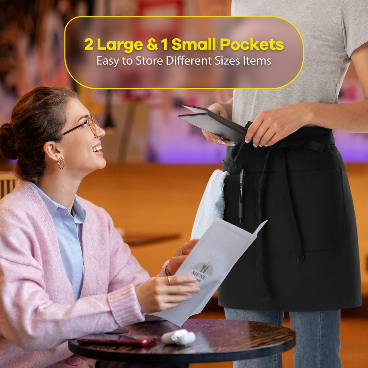 ROTANET Server Apron 2 Pack Black with 3 Pockets 18 Inch Long Waiter Waitress Bistro Half Waist Aprons for Women Men Waterproof