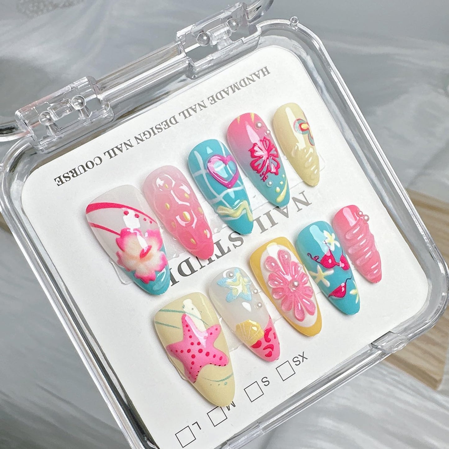 30Pcs Handmade Press on Nails Medium Almond Fake Nails with 3D Designs Summer Beach Acrylic Nails Seashell Flower Glue on Nails Heart Starfish False Nail Lemon Butterfly Stick on Nail for Women