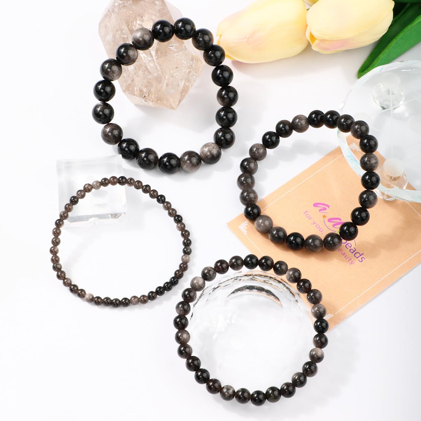 AD Beads 8mm Handmade Silver Obsidian Elastic Bracelet – Natural Gemstone for Protection – Meditation, Yoga, Healing and Energy Gift for Men Women