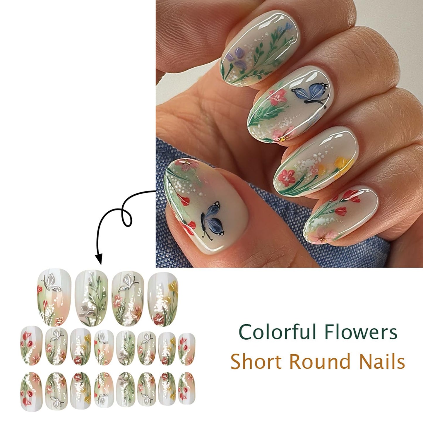 Floral Butterfly Press on Nails Summer Fake Nails Almond Shape Nails Press ons Reusable Glossy False Nails Small Flowers Acrylic Nails Elegant Full Cover Stick on Nails for Women Nature Manicure