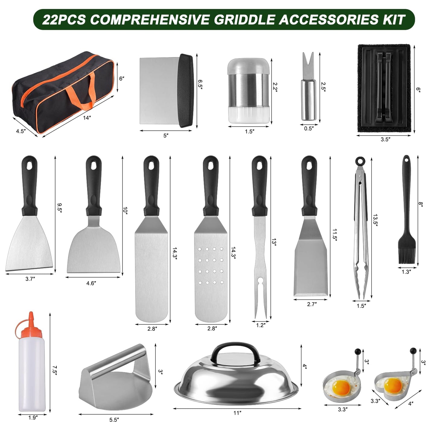 22PCS Griddle Accessories for Blackstone, Flat Top Grill Accessories for Camp Chef, Griddle Spatula Set with Metal Spatula, Enlarged Spatulas, Basting Cover, Scraper for Outdoor Barbecue