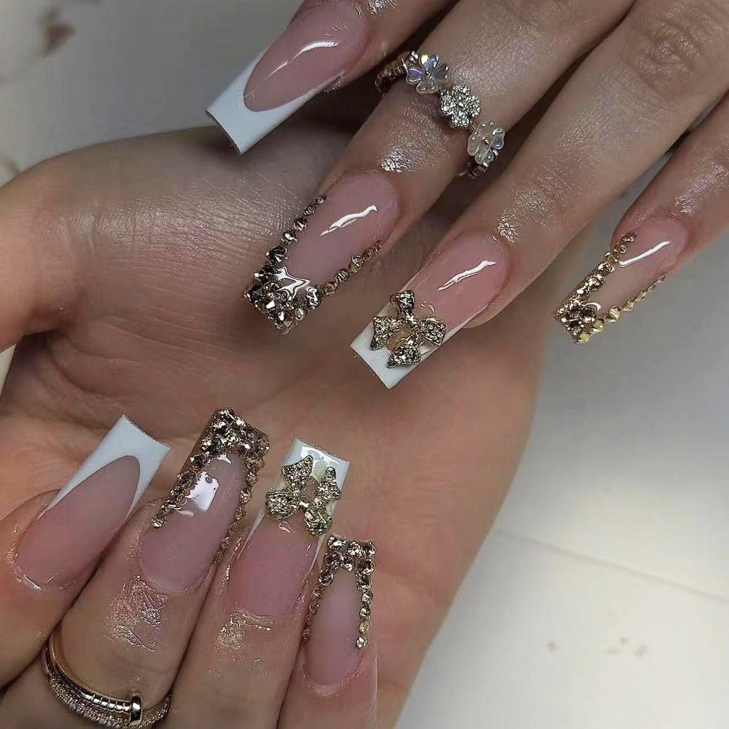 IMRAIN Long Square Press on Nails Golden French Tips Fake Nails with Rhinestone & Bow Designs Glossy Gel False Nails Artificial Stick on Nails for Women 24Pcs