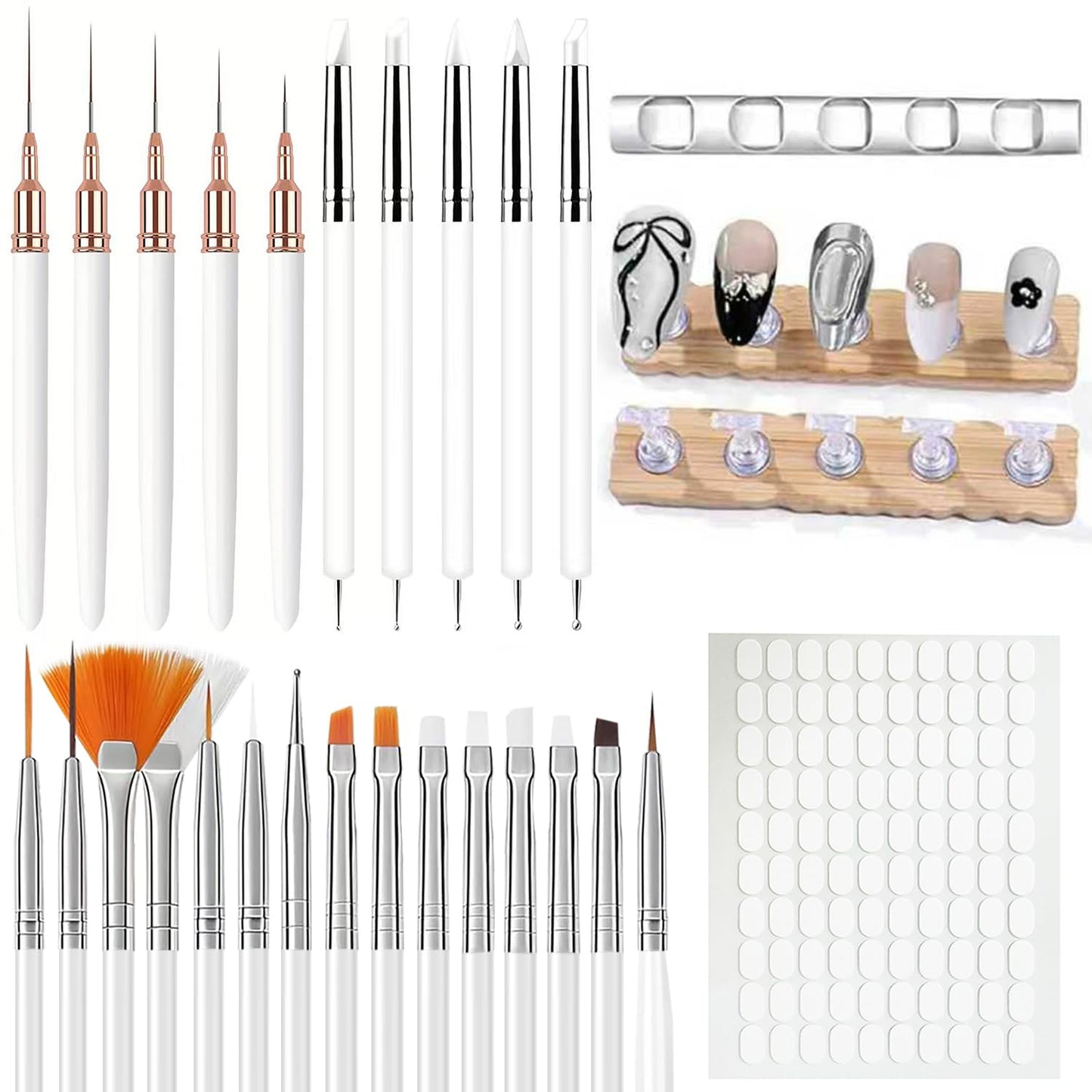 39Pcs Nail Art Brush & Practice Tool Kit, White Nail Art Brushes with Nail Practice Stands & Brush Holder, Professional Manicure Accessories for Nail Art Painting, Sculpting & DIY Manicure