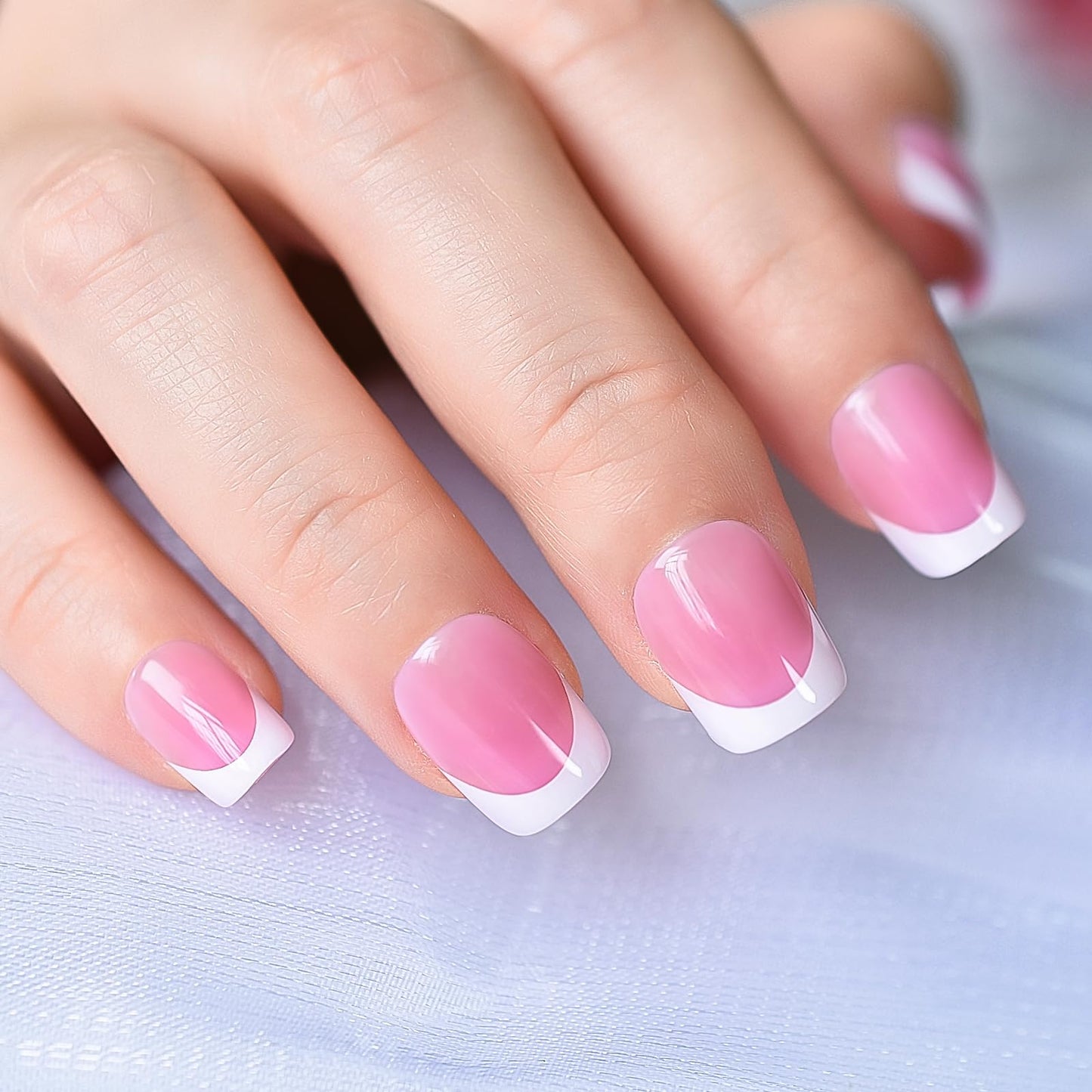 Pink White French Press On Nails Short - IKISKT Acrylic False Nails, Glue On Nail with Glue Sticker,Fit Perfectly & Natural Stick On - 24PCS UV Gel Fake Nail Kit, Baby Pink French
