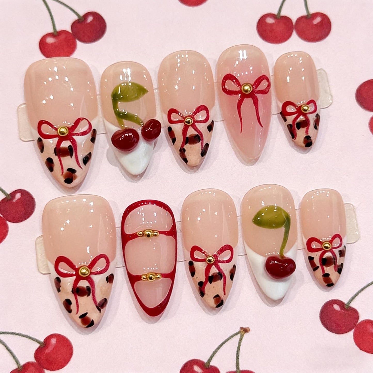 Luxury Press on Nails Medium Almond Handmade 3D Unique Reusable Fake Nails French Tip False Nails with Bow Cherry Designs Nude Leopard Print Glossy Glue on Nail Thick Acrylic Nail for Women10Pcs（S)