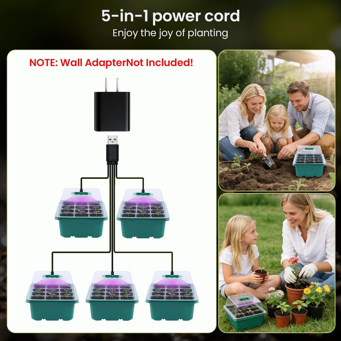 ATEUNJLR 5 Pack Seed Starter Kit with Grow Lights & 3.9" Humidity Domes, 72 Cells Indoor Germination Trays, Full Spectrum Adjustable LED, Reusable Plant Starter System for Year-Round Gardening