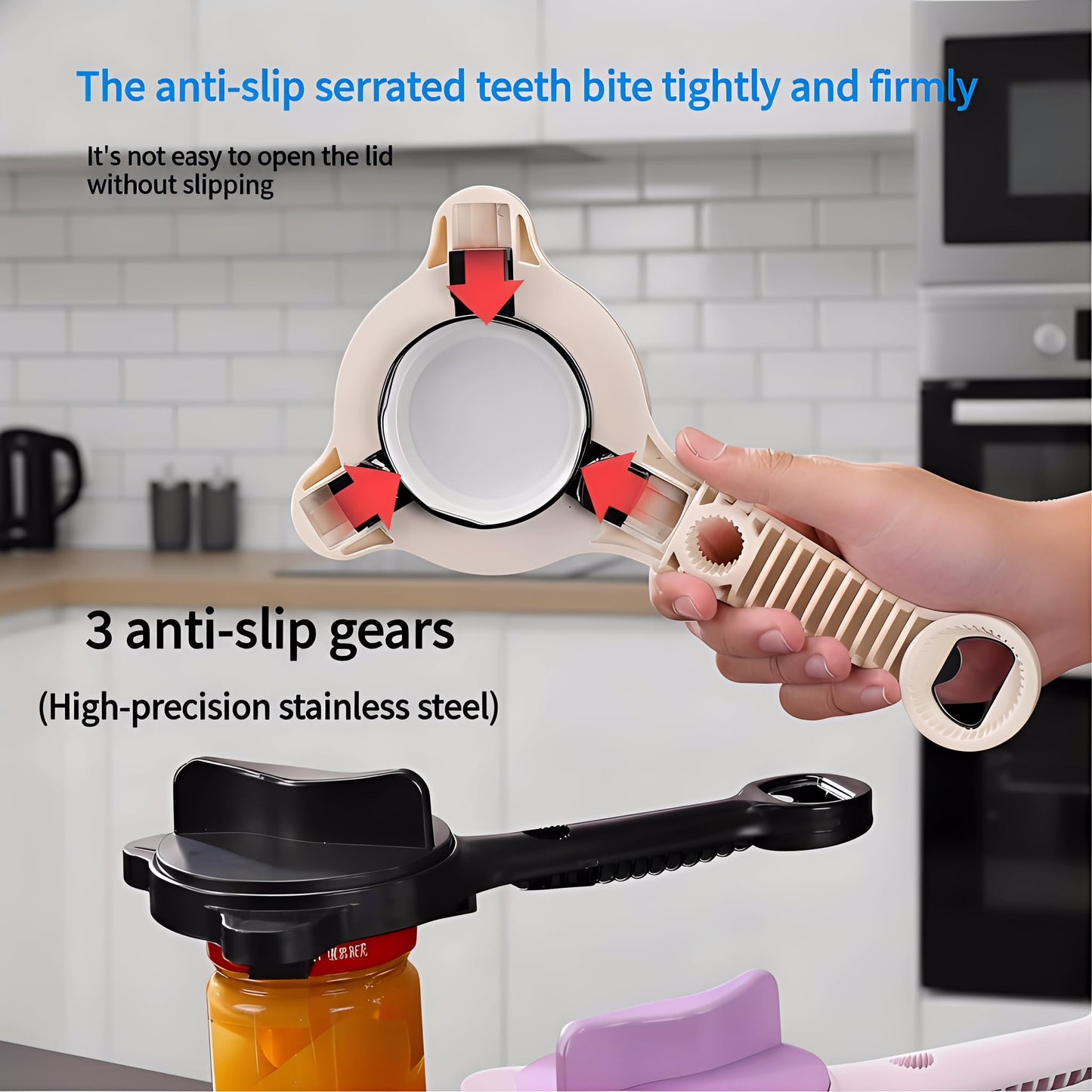 4-in-1 Adjustable Jar Opener – Stainless Steel Lid & Bottle Opener, Heavy Duty Easy Grip for Weak Hands, Fits 1–4 Inch Caps, Kitchen Tool for Seniors & Arthritis (Black)