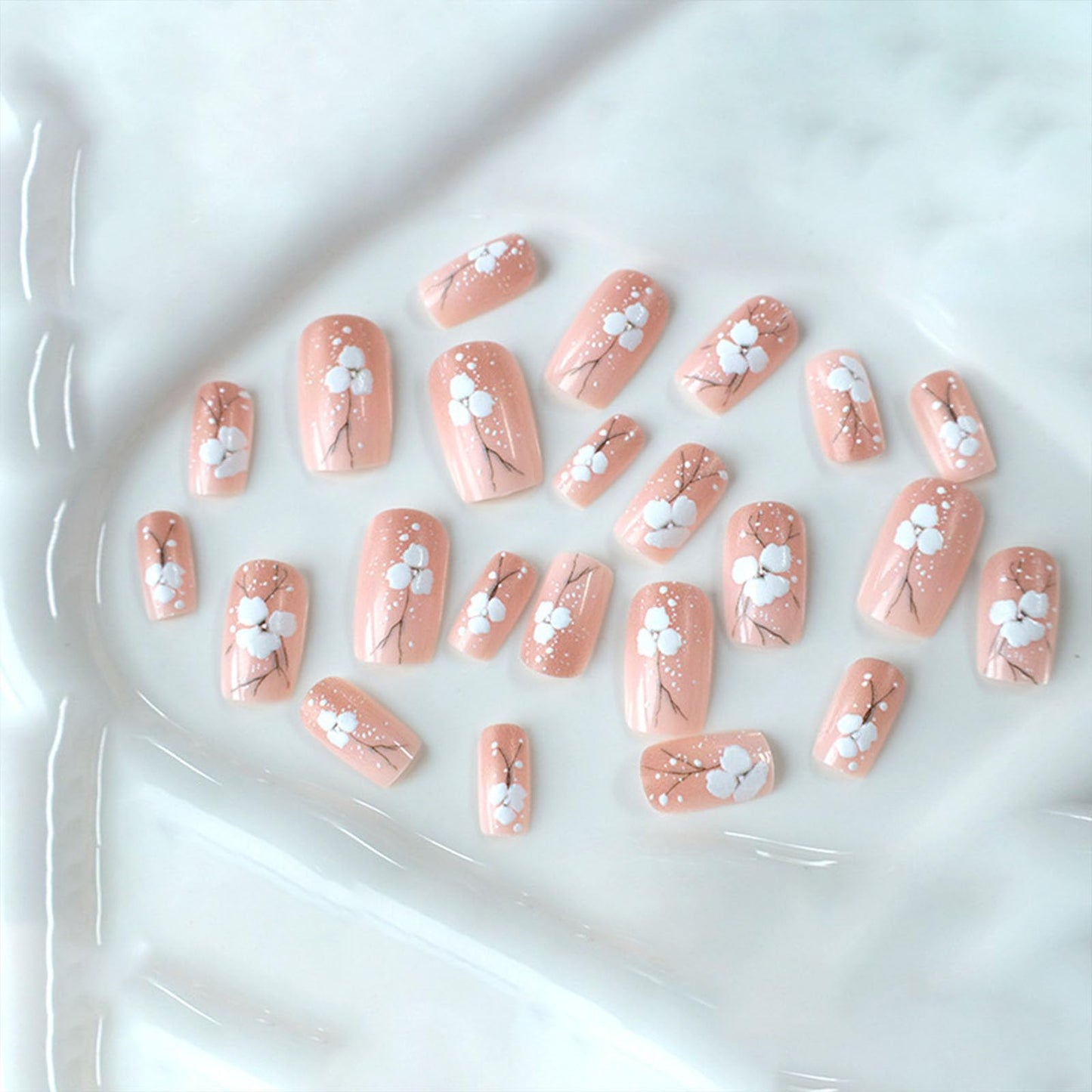 Square Press on Nails Medium Fake Nails with White Flower Dot Designs Glossy Nails Press ons Nude Full Cover Glue on Nails Summer Acrylic Artificial Stick on Nails for Women 24Pcs