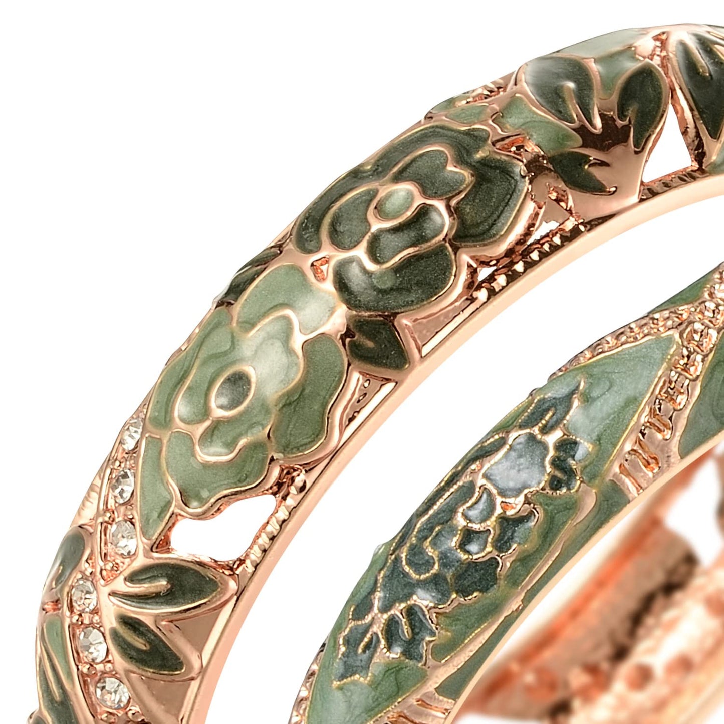UJOY Vintage Jewelry Cloisonne Handcrafted Enameled Gorgeous Rhinestone Hinged Cuff Bracelet Bangles Gifts 88C06 Rose Green
