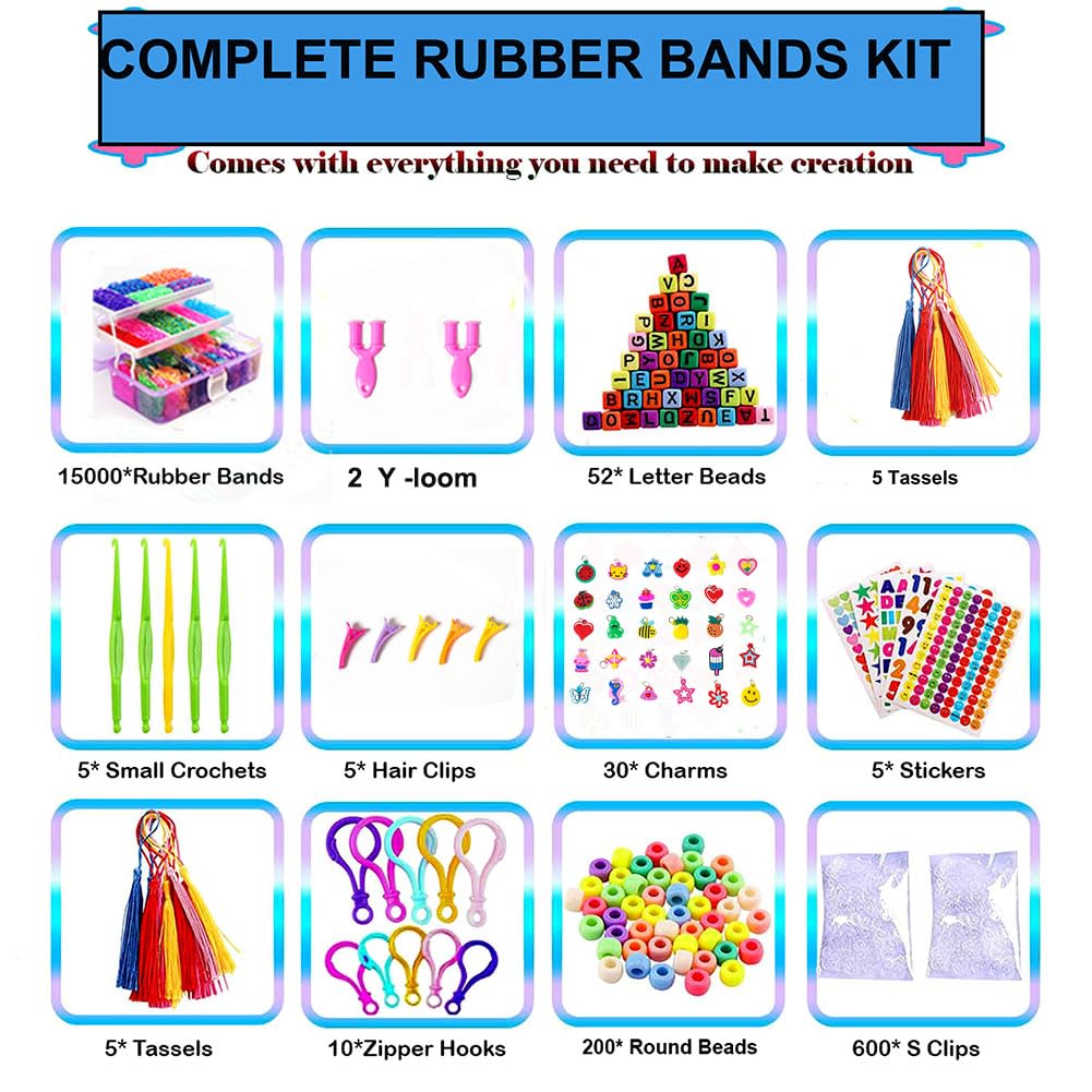 YITOHOP 15000+ Rubber Loom Bands, Mega Rubber Bands Bracelet Kit,Loom Bracelet Making Kit with 3 Layer Container,30 Colors,380 Beads,30 Charms,Clips, Hooks Tools for DIY Art Holiday Gift