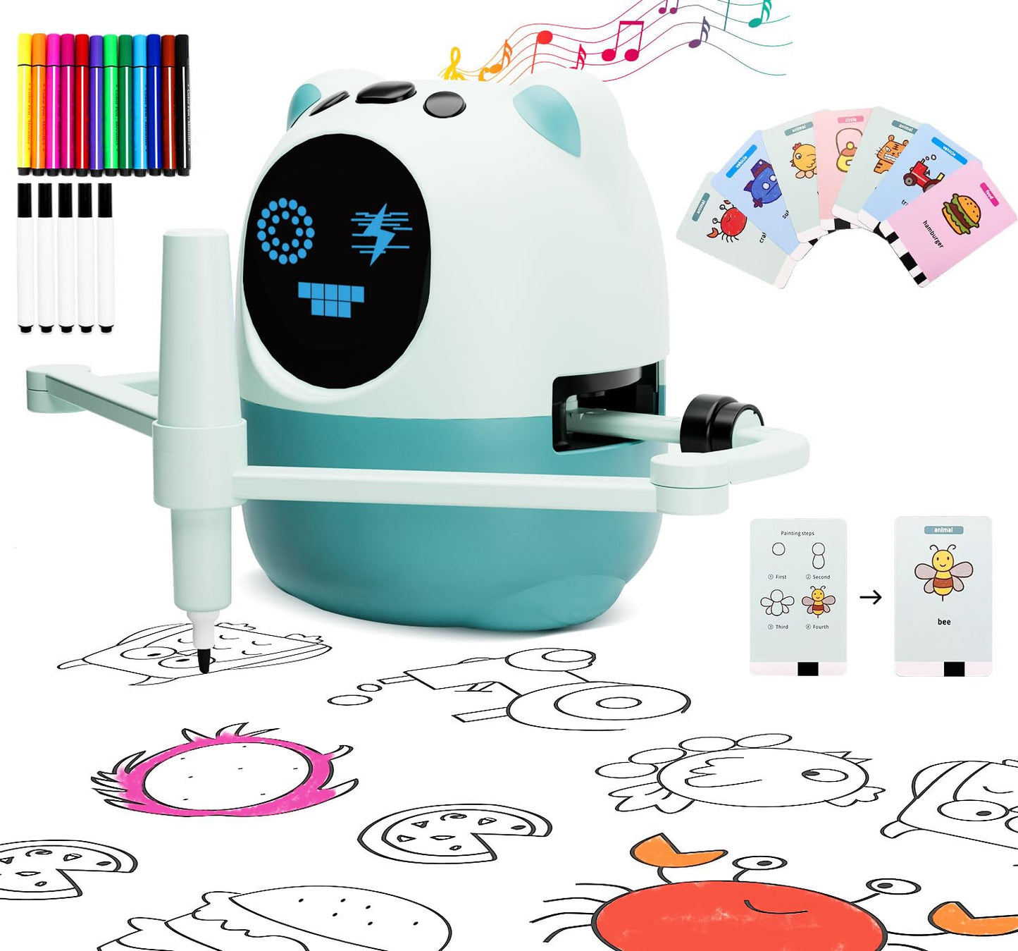 Drawing Robot for Kids with 150 Cards& 12 Color Pens，Montessori Drawing Learning Toys,Interactive Educational Robot Drawing Machine for 3 4 5 6 7 8 Year Old Boys Girls Christmas Birthday Party Present