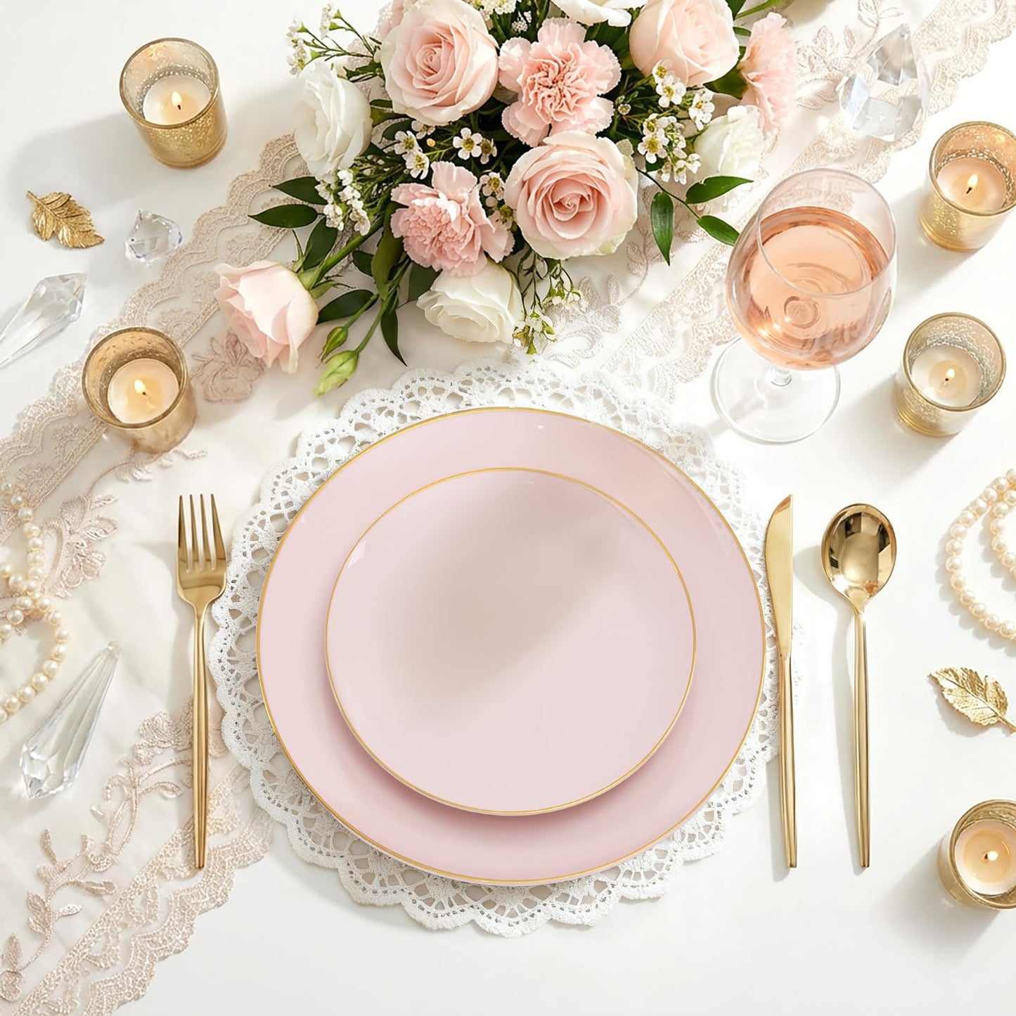I00000 150 PCS Pink Plastic Plates for Party,Heavy Duty Pink Disposable Plates,Gold Dinnerware Set Include 30 Dinner Plates,30 Dessert Plates,30 Gold Plastic Silverware Set for Mother's Day