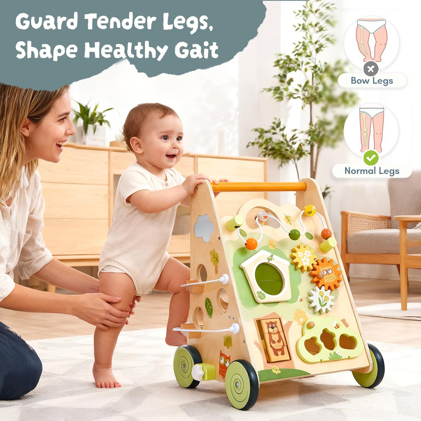 10-in-1 Wooden Baby Walker with Activity Center, Forest Montessori Push Toy for Toddlers 1–3, Bead Maze, Shape Sorter, Gears, Puzzles Fine-Motor Learning, Speed Adjustable Wood Walker for First Steps