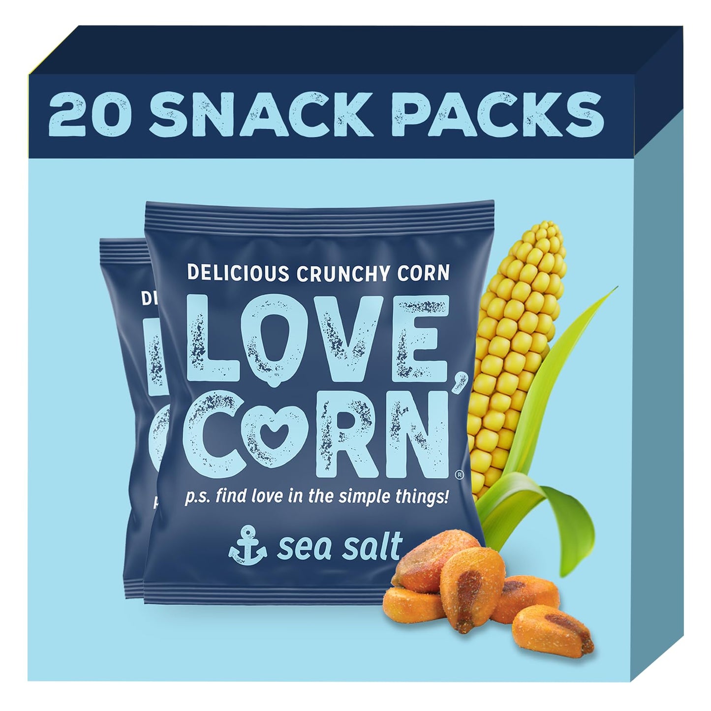 LOVE CORN Sea Salt – Crunchy Roasted Corn Snack, 3 Simple Ingredients, Gluten Free, Non-GMO, Vegan – Alternative to Chips, Nuts & Crackers – Lunchbox, Office & On-the-Go Snacks – 0.7oz × 20 Bags