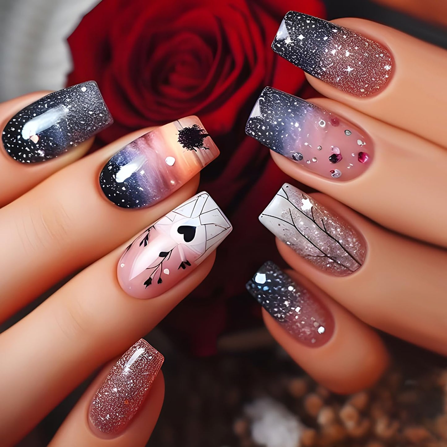CJDLTS Press on Nails Medium Square Starry Sky False Nails Heart Fake Nails Press on Nails with Design Rhinestones Stick on Nails Artificial Acrylic Glitter Nails Full Cover Glue on Nails for Women