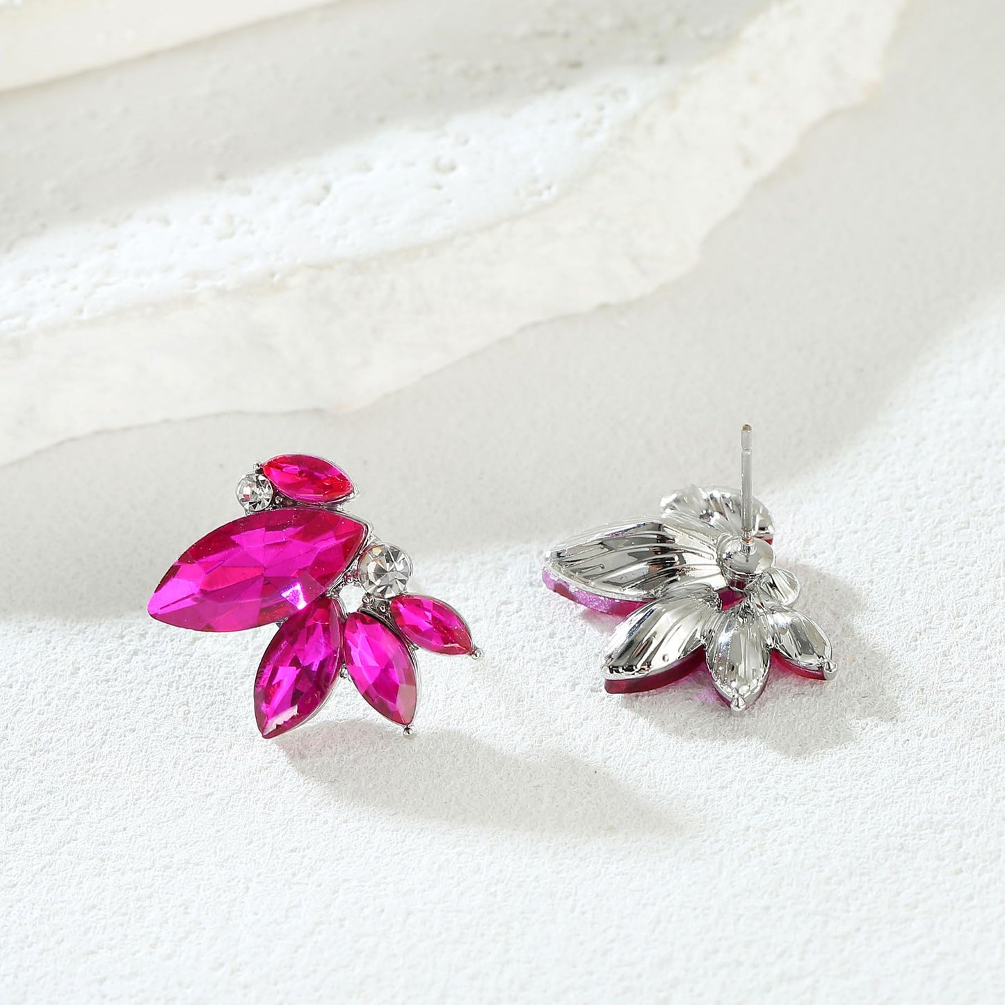 Hot Pink Earring for Women Sparkly Rhinestone Drop Earrings for Wedding Faux Crystal Earring Studs Silver-Tone