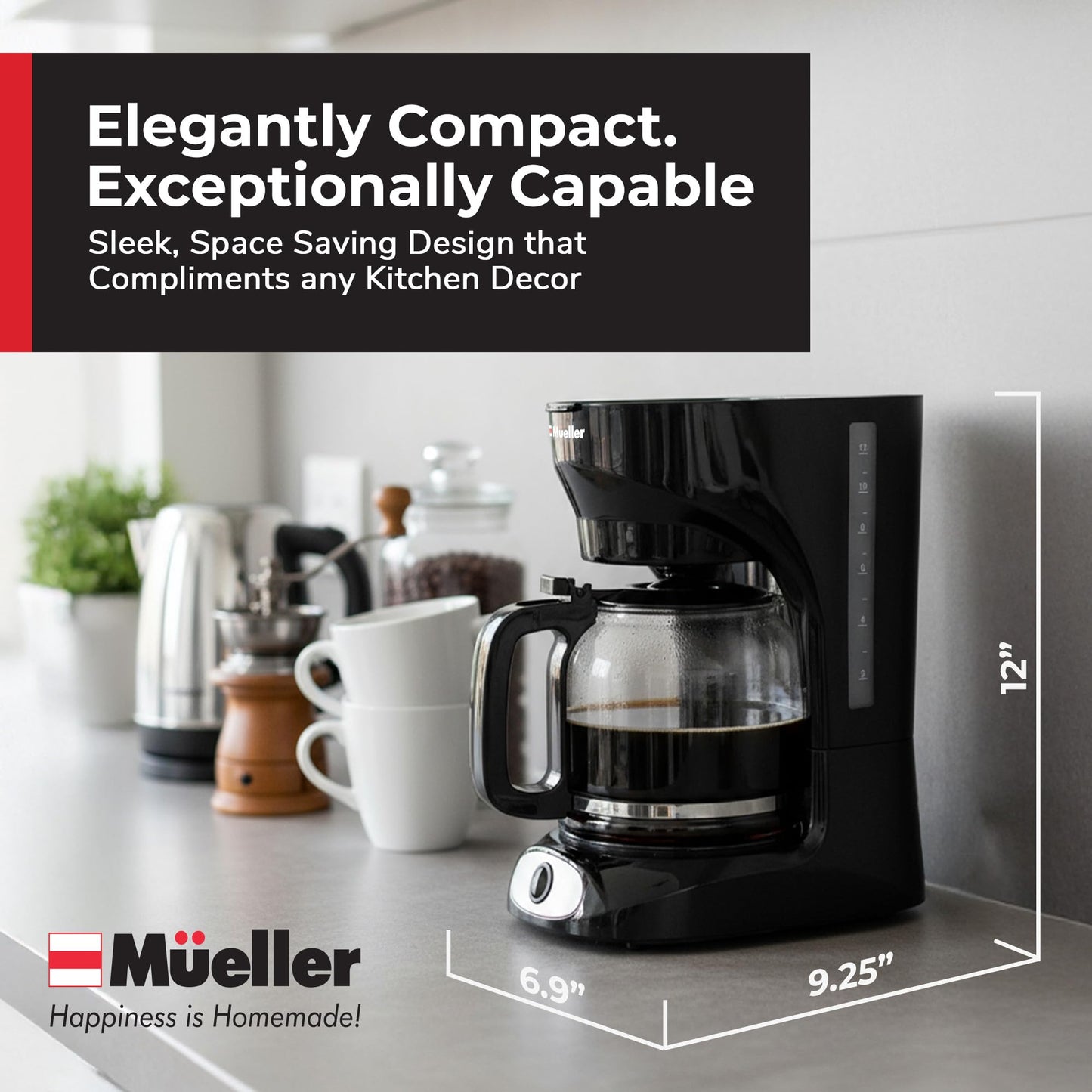 Mueller 12-Cup Drip Coffee Maker - Borosilicate Carafe, Auto-Off, Reusable Filter, Anti-Drip, Keep-Warm Function, Clear Water Level Window Coffee Machine, Kitchen Essentials & Accessories