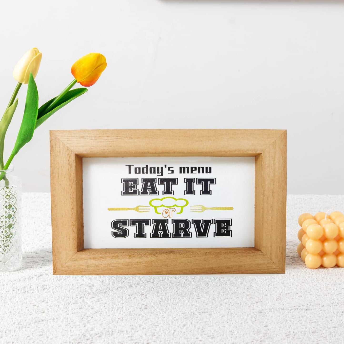 Rustic Farmhouse Kitchen Decor Set - 5-Piece Wooden Signs with Funny & Inspirational Quotes, Free-Standing Shelf & Tabletop Decor for Counter, Dining Room, Cafe - Housewarming Gift for Chef, Home