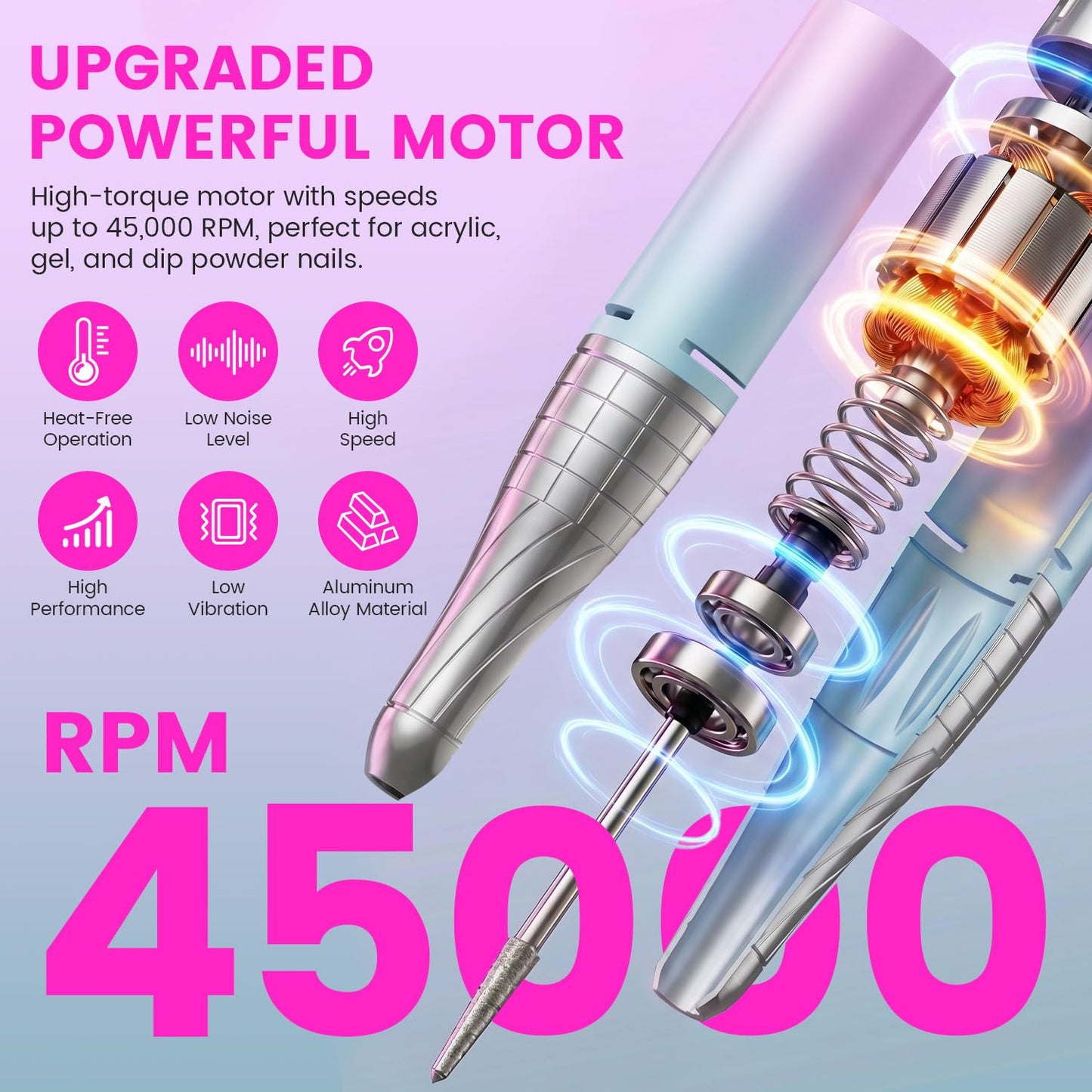 Electric Nail Drill Professional 45000RPM,Portable Drill Nails Machine with LED Display for Salon and Home Use,Rechargeable Electric Nail File Kit for Manicure Pedicure Polishing Acrylic