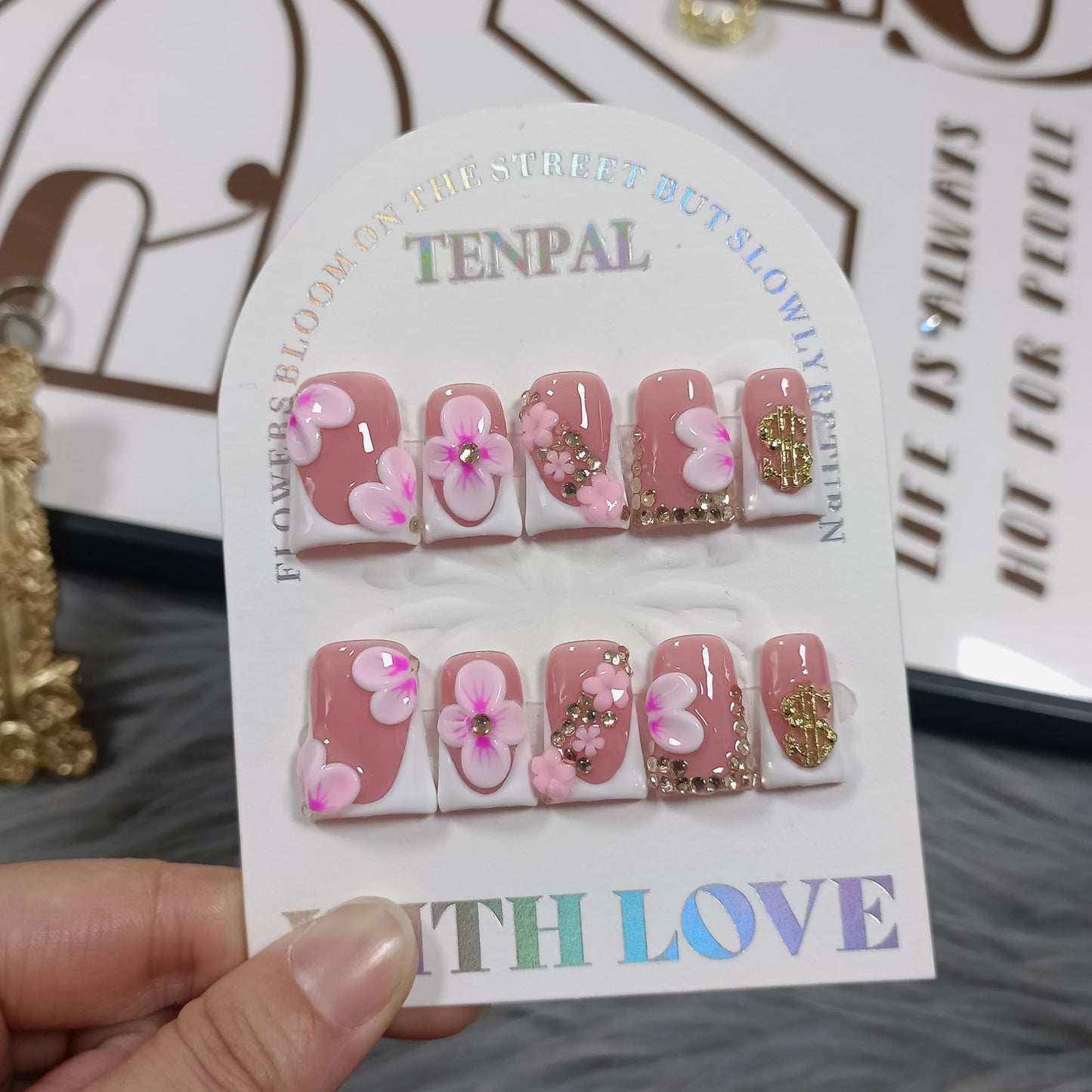 TENPAL Duckbill Press on Nails - White Pink 3D Floral French Tip Fake Nails with Rhinestones | Icy Glossy False Nails with Tools| Handmade Soft Gel Y2K Duck Nails(S)