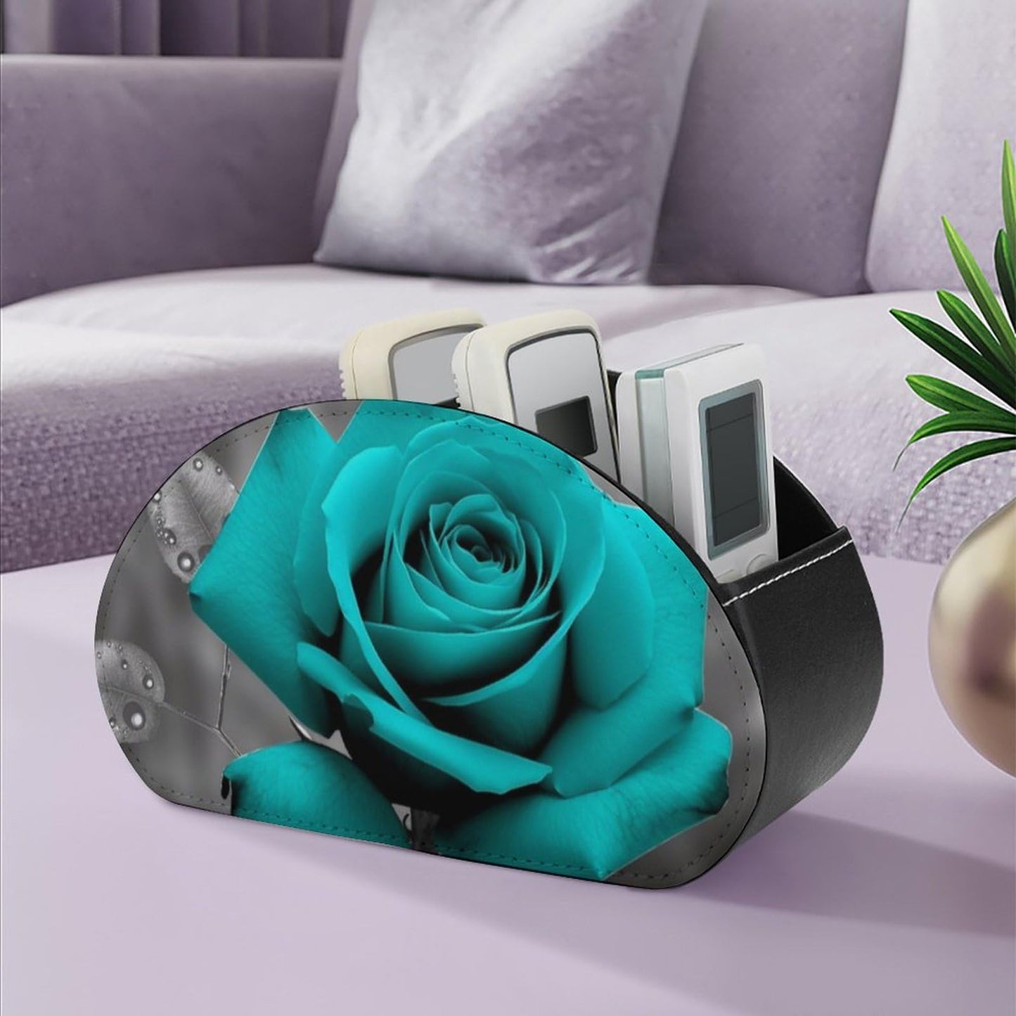 POTSCBVW Teal Grey Rose Remote Control Storage Box with 5 Compartments Leather Remote Control Organizer Box for End Table Stylish TV Accessory Holder for Living Room Bedroom Office