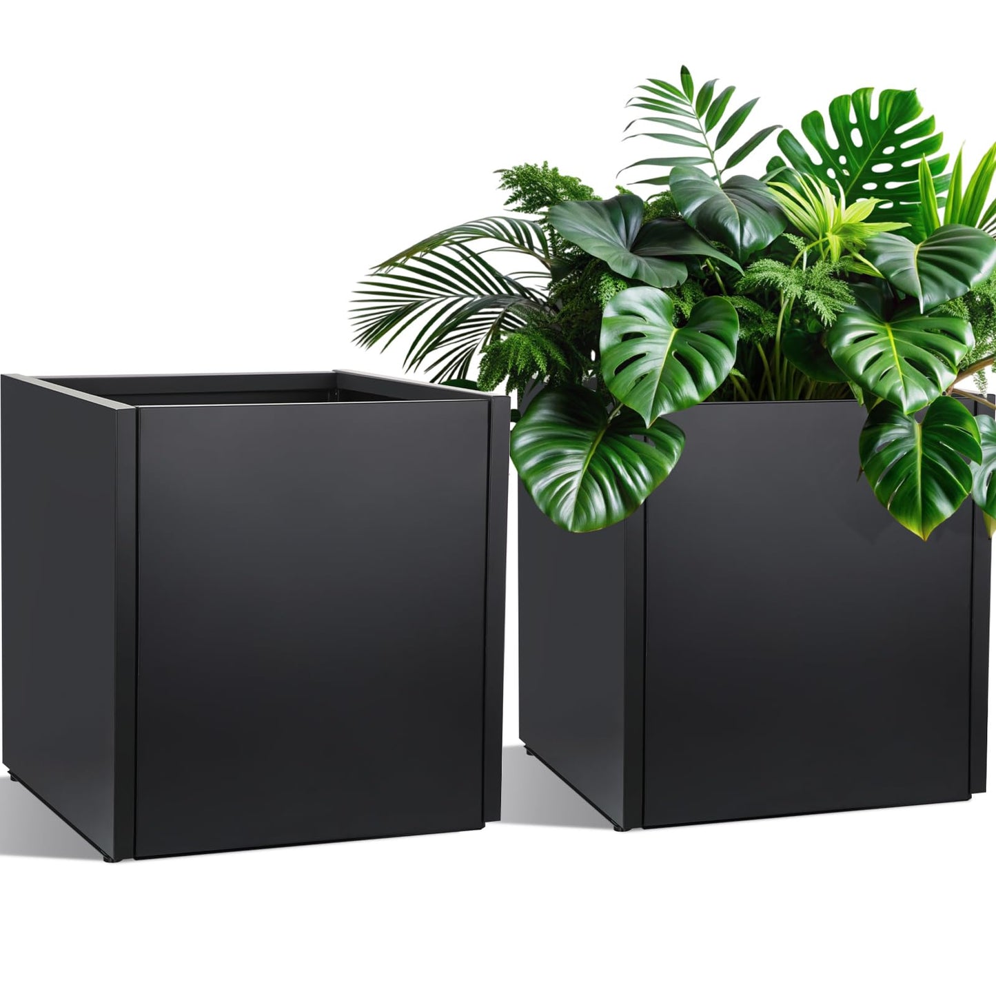RimCereal 2 Pcs Extra Large Black Square Planter Box Outdoor 17" L x 17" W x 18" H Heavy Galvanized Steel Planters with Drainage Holes Divider for Patio Porch Tall Plants