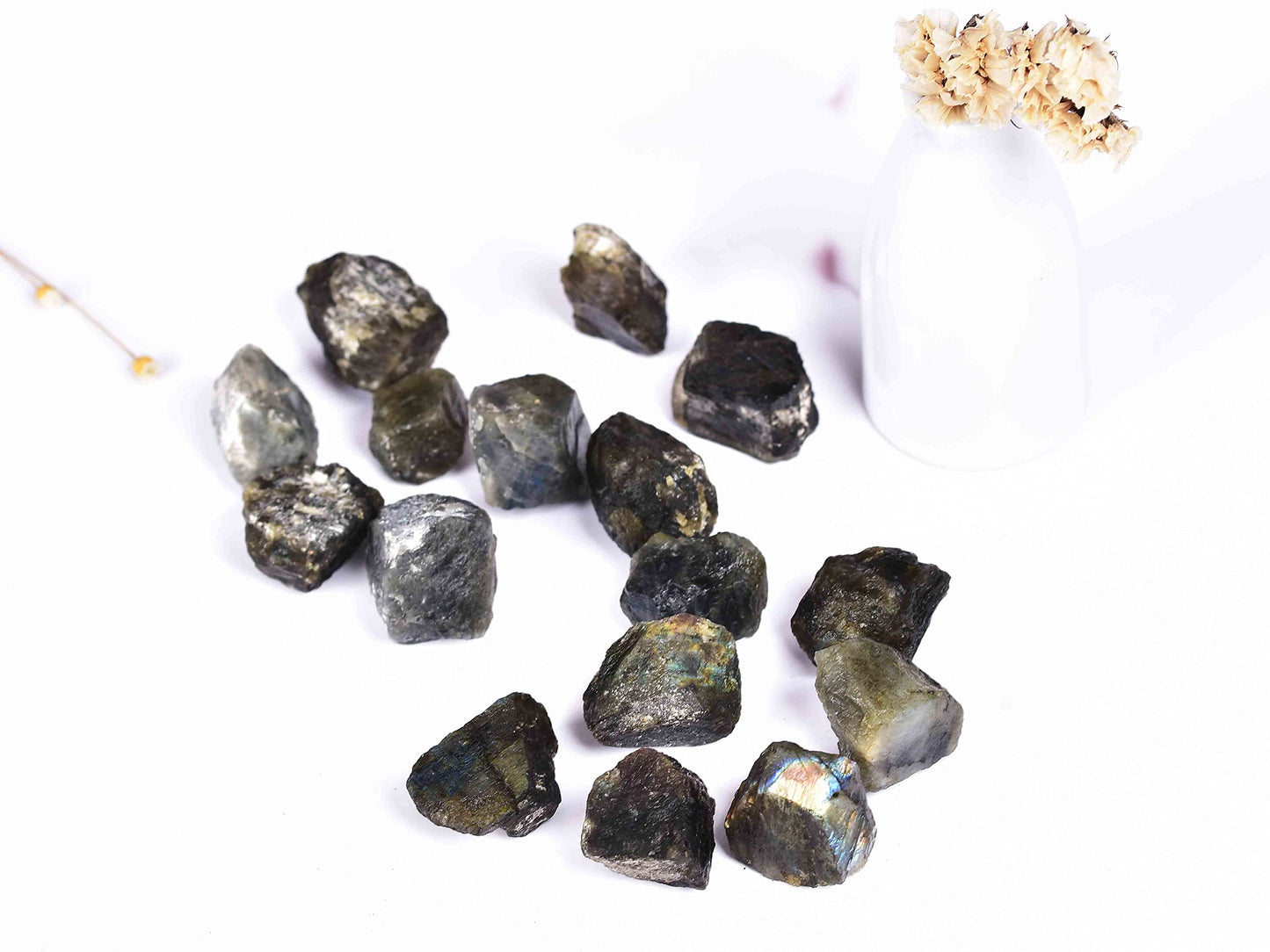 JIC Gem 12-16Pcs 0.7 Lbs Natural Rough Stones Labradorite Quartz Mineral Speciment Raw Stone Madagascar Crystal Bulk Rough Stones