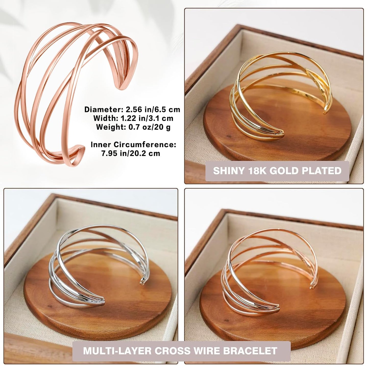 SELFWIMG Rose Gold Bangle Bracelets for Women Chunky Cuff Bracelets Statement Multi-layer Cross Wire Cuff Bangle Bracelet Open Wrist Trendy Jewelry Gifts