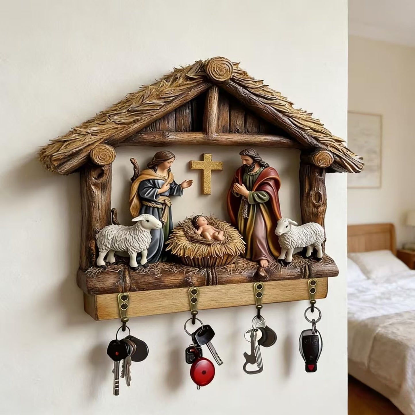 Wall-Mounted Nativity Scene Key Holder, 2D Holy Family and Baby Jesus Manger Wall Hooks (4 Hooks), Religious Christian Home Decor Key Rack Organizer for Entryway, Christmas Religious Gifts