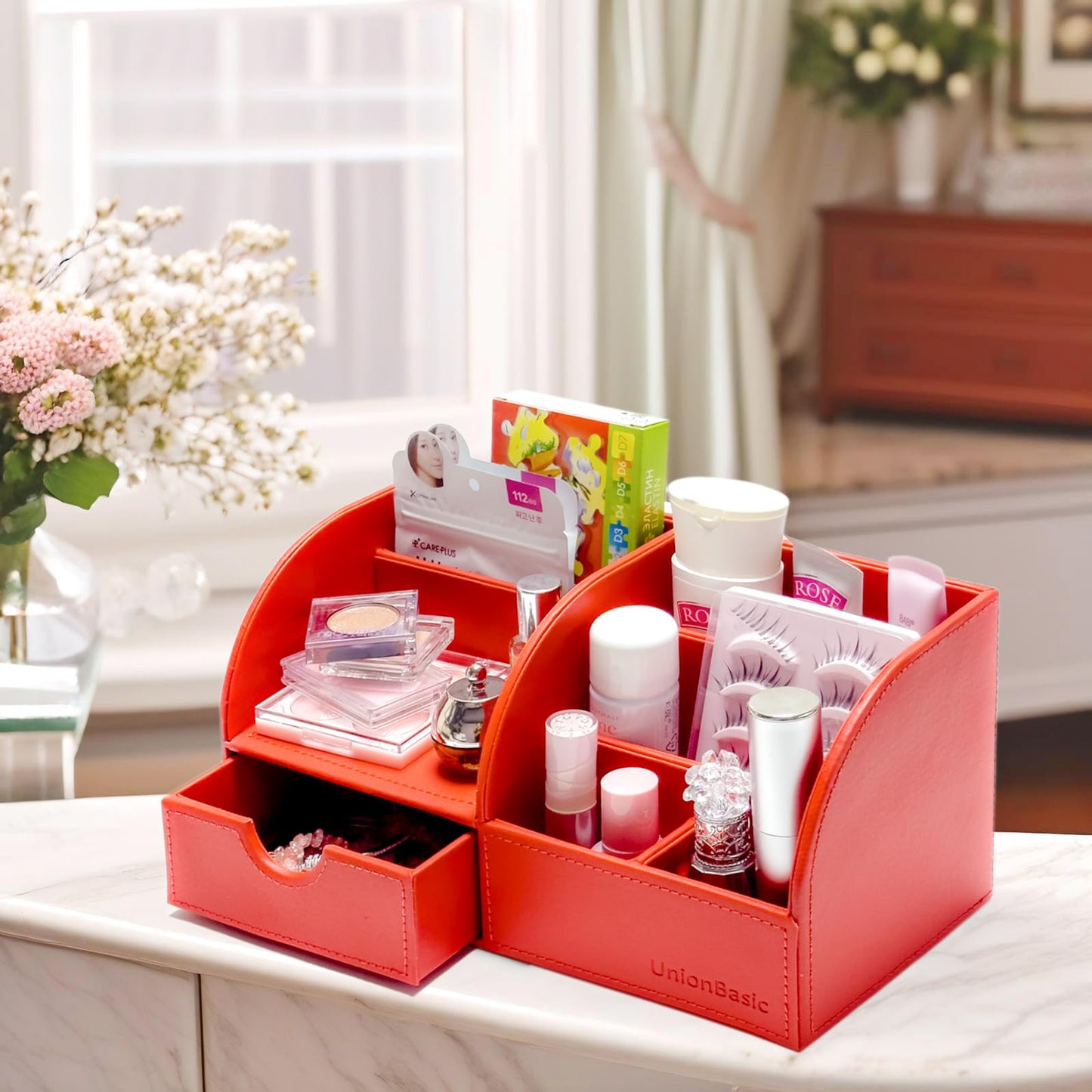 UnionBasic Desk Organizer - Multifunctional Leather Desktop Pen Holder Storage Box - Business Card/Pen/Pencil/Mobile Phone/Stationery Holder, Red